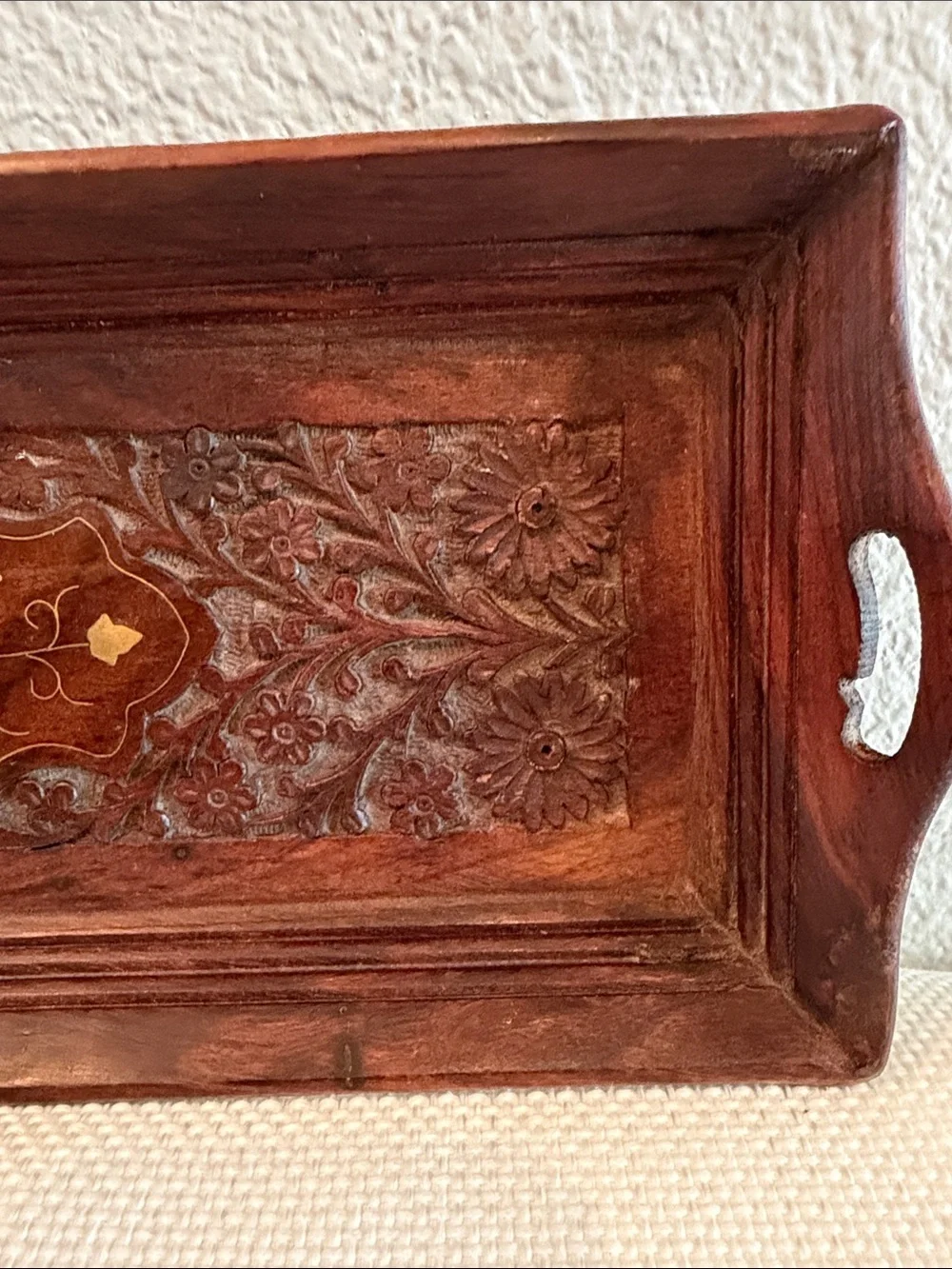 Vintage Indian Hand Carved Wooden Serving Tray w/ Inlay 15.5